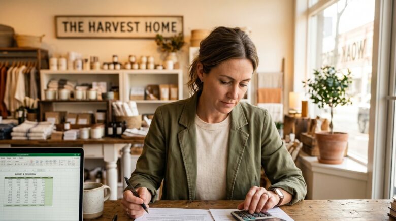 Small business owner reviewing fixed and variable rate loan options at a desk