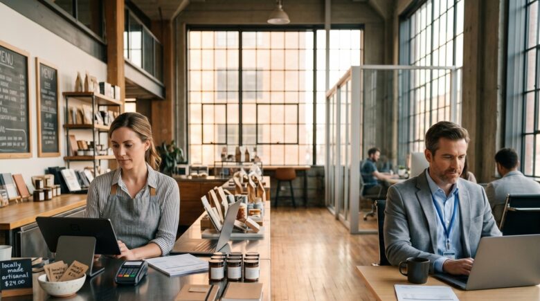 Small business owner and employee comparing wealth building strategies side by side