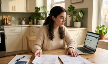 Person comparing student loan and credit card debt statements on a desk with a calculator