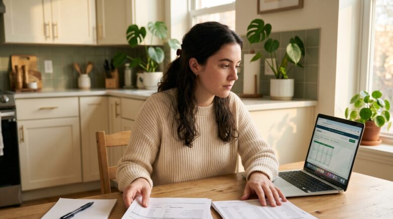 Person comparing student loan and credit card debt statements on a desk with a calculator