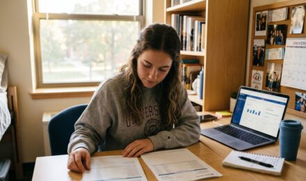 College student comparing student savings account options on a laptop