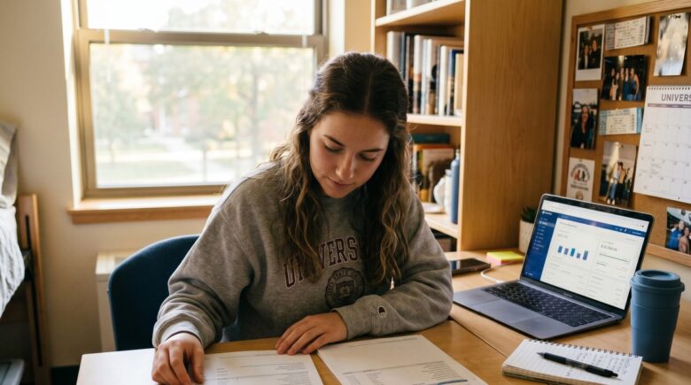 College student comparing student savings account options on a laptop
