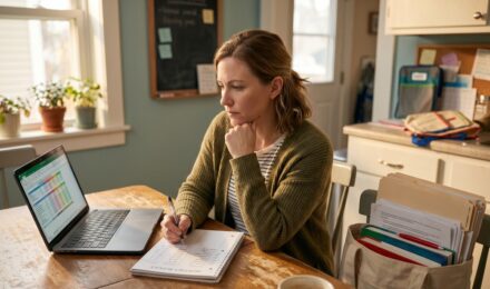 Teacher reviewing credit card statements and budget plan at a desk to pay down debt on a fixed salary