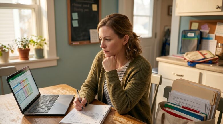 Teacher reviewing credit card statements and budget plan at a desk to pay down debt on a fixed salary