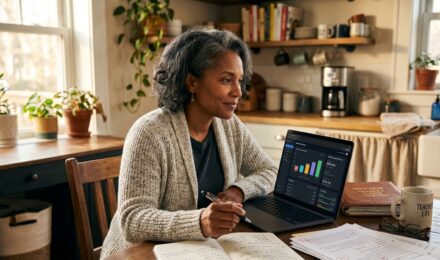 A teacher reviewing retirement savings options alongside pension documents at a desk