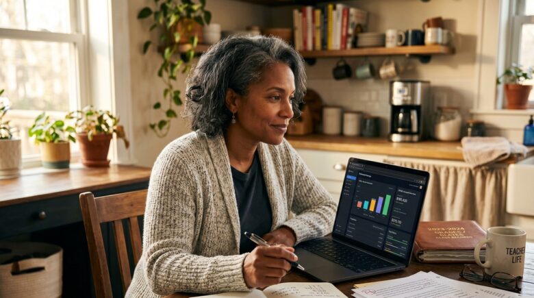 A teacher reviewing retirement savings options alongside pension documents at a desk