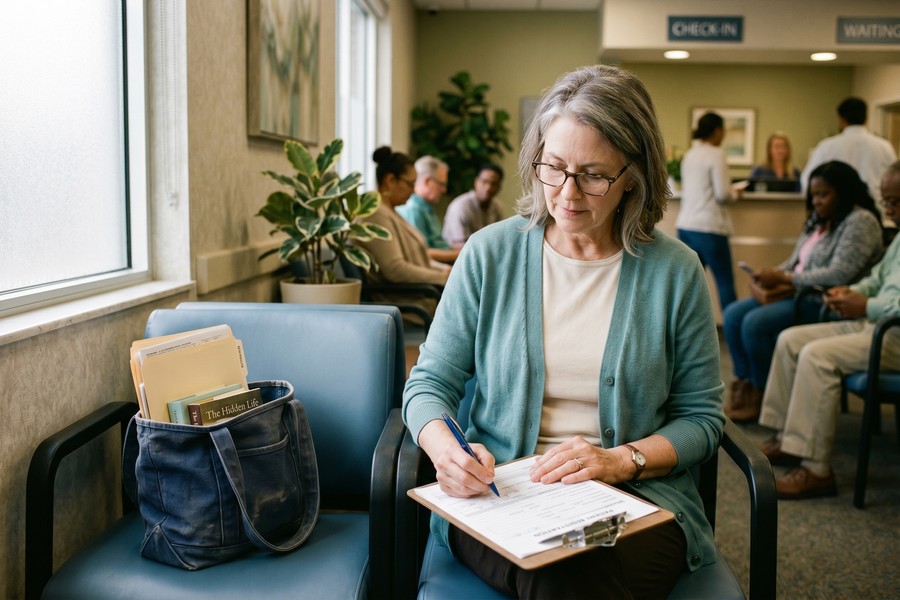 Teacher reviewing retirement savings projections on laptop with pension documents and calculator