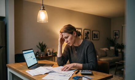 Person reviewing financial documents with stressed expression showing warning signs of too much debt