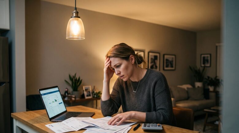 Person reviewing financial documents with stressed expression showing warning signs of too much debt
