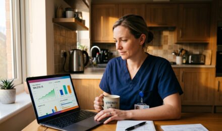 Nurse reviewing financial investment plans during a break in a hospital setting