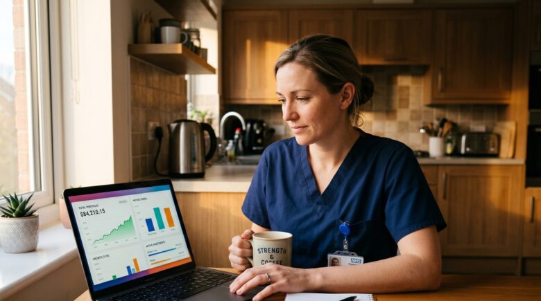 Nurse reviewing financial investment plans during a break in a hospital setting