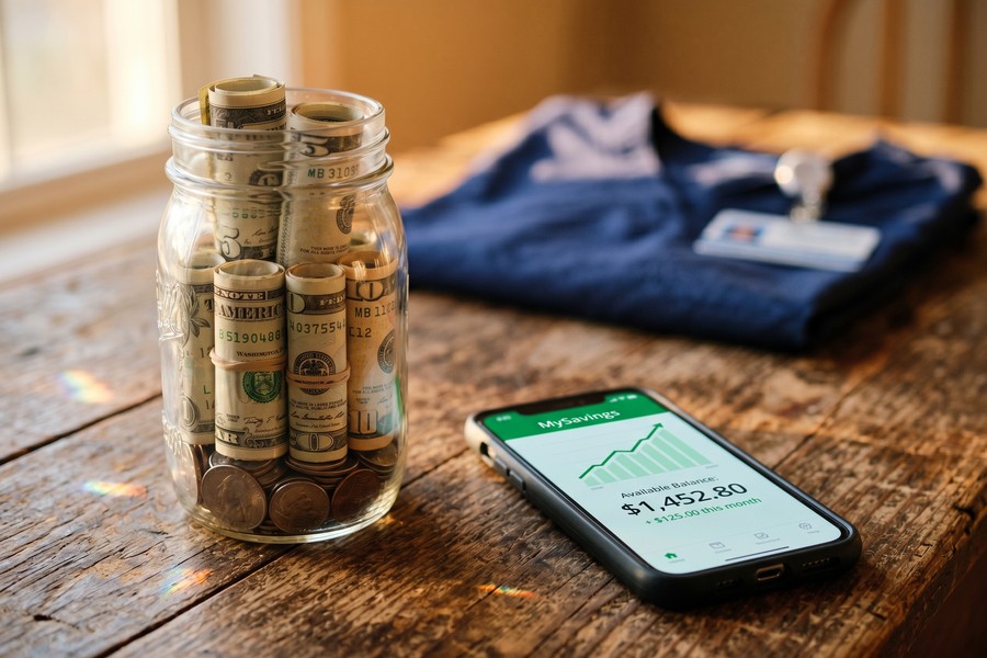 Emergency fund savings account balance growing on a mobile banking app screen