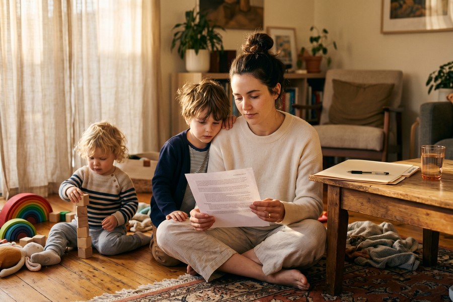 Healthcare worker reviewing insurance and retirement documents at a home desk