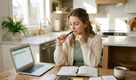 Person comparing weekly vs monthly budget plans in a notebook with a calculator and coffee on a desk