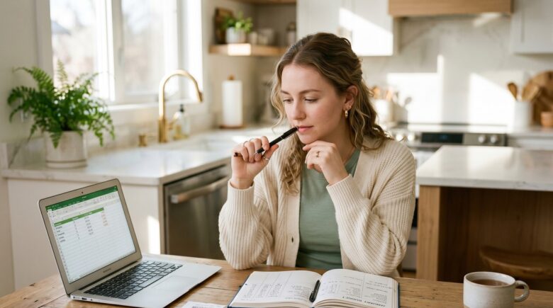 Person comparing weekly vs monthly budget plans in a notebook with a calculator and coffee on a desk