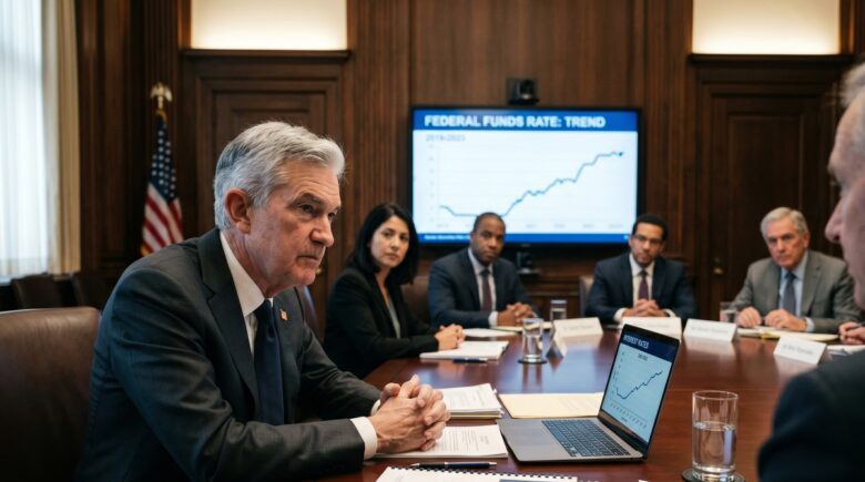 Federal Reserve building in Washington DC with interest rate chart overlay showing prime rate movement