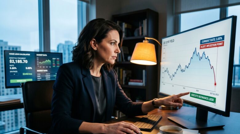 Homeowner reviewing refinance options during a prime rate drop with mortgage documents and interest rate chart