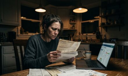 Person reviewing old debt collection notice with a worried expression, representing zombie debt collectors