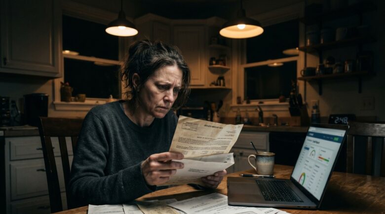 Person reviewing old debt collection notice with a worried expression, representing zombie debt collectors