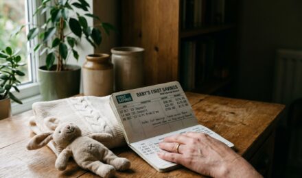 New parent reviewing baby savings account setup on laptop with financial documents