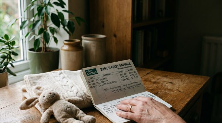 New parent reviewing baby savings account setup on laptop with financial documents