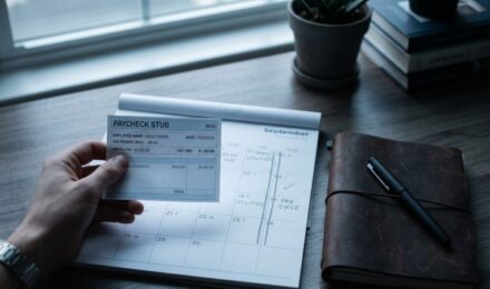 Person reviewing biweekly budget spreadsheet with calendar and paycheck schedule