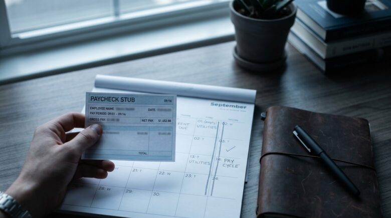 Person reviewing biweekly budget spreadsheet with calendar and paycheck schedule