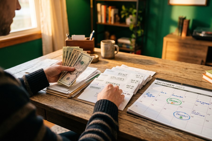 Calendar showing biweekly pay dates and bill due dates mapped side by side