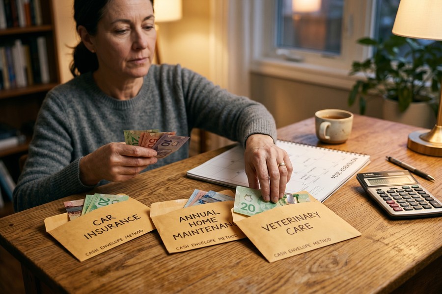 Labeled sinking fund jars showing car insurance, holidays, and medical expenses