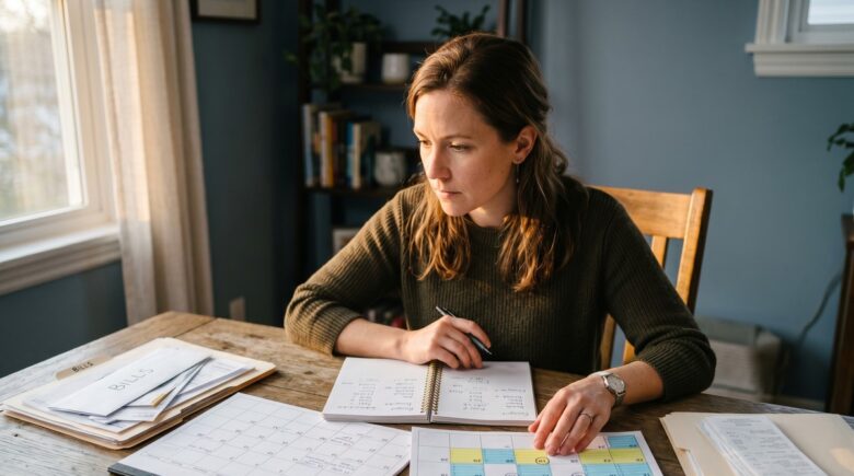 Calendar and paycheck comparison showing biweekly versus monthly budgeting methods