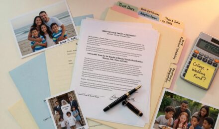 Parents and children from blended family reviewing estate plan documents together