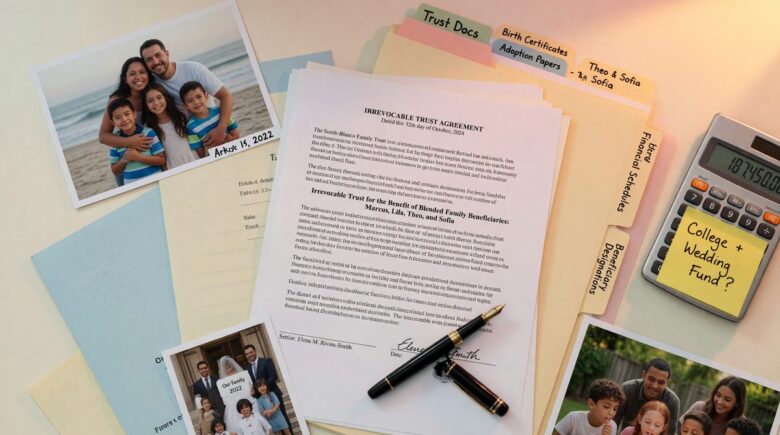 Parents and children from blended family reviewing estate plan documents together