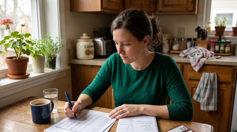 Person reviewing budget and financial documents after job loss