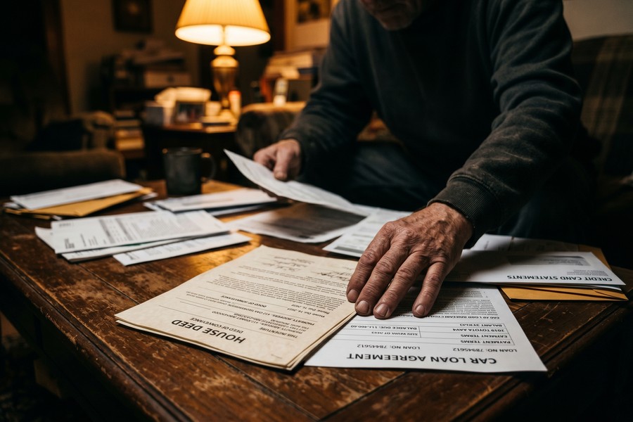 Close-up of person on phone call reviewing a stack of bills and documents