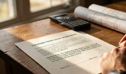 Construction site with budget and loan documents showing prime rate calculations