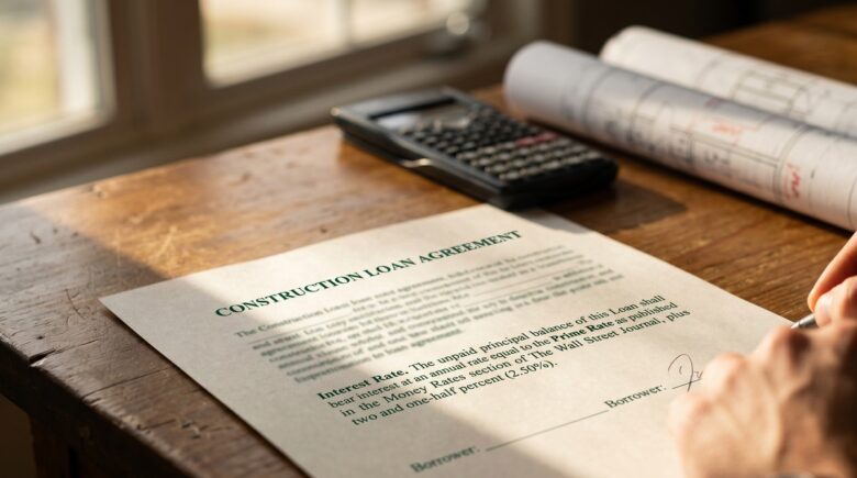 Construction site with budget and loan documents showing prime rate calculations