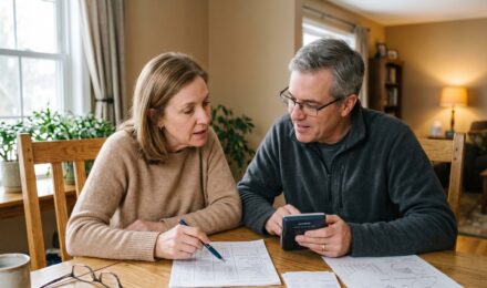 Couple reviewing financial documents and investment strategy together at home