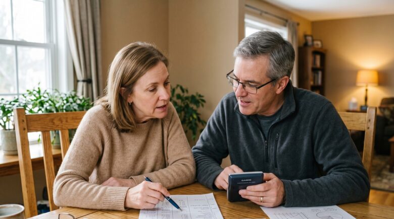 Couple reviewing financial documents and investment strategy together at home