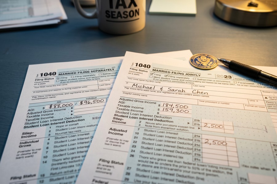 Couple sitting at kitchen table reviewing debt payoff chart and budget spreadsheet together