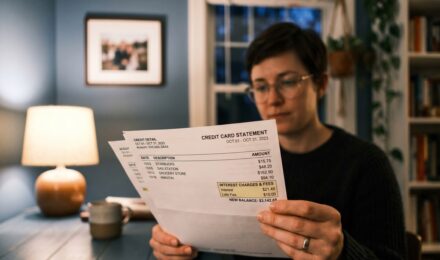 Calculator and credit card showing high interest charges on a monthly balance
