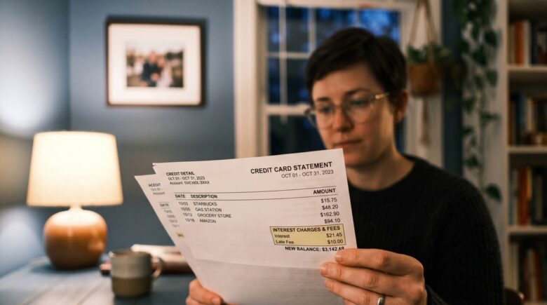 Calculator and credit card showing high interest charges on a monthly balance