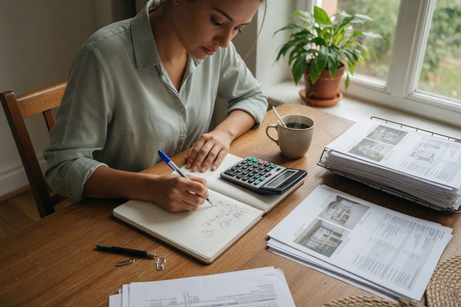 A calculator and house keys on a rental lease agreement