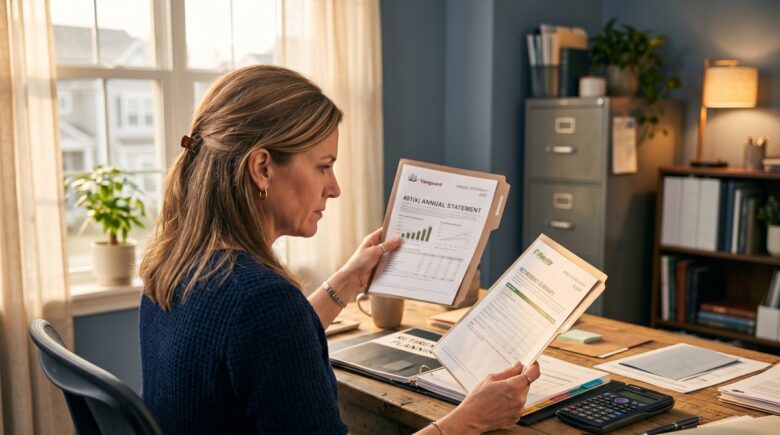Married couple reviewing 401(k) account statements and consolidation options at a table with financial documents
