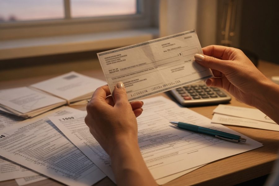 Couple calculating take-home pay with tax forms
