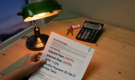 First-time homebuyer reviewing mortgage documents with prime rate chart in background