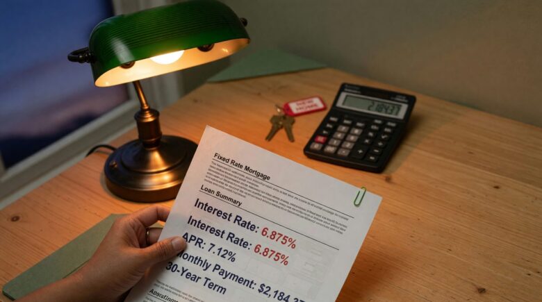 First-time homebuyer reviewing mortgage documents with prime rate chart in background