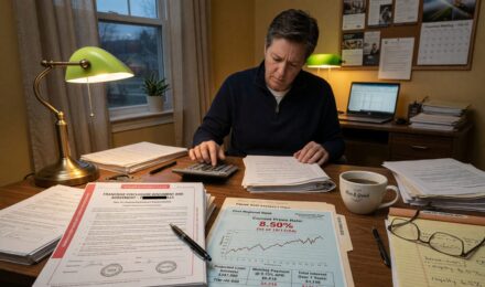 Franchise agreement paperwork with calculator showing loan payment calculations tied to prime rate