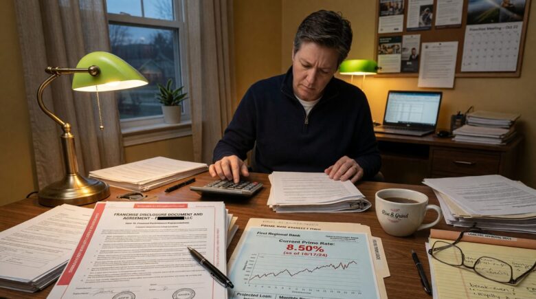 Franchise agreement paperwork with calculator showing loan payment calculations tied to prime rate