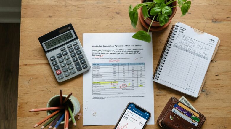 Freelancer reviewing credit card statement and invoice timeline during prime rate increase