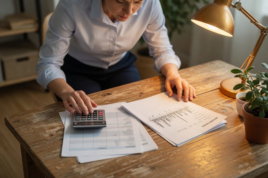 Gig worker reviewing monthly earnings on a laptop with bills spread out